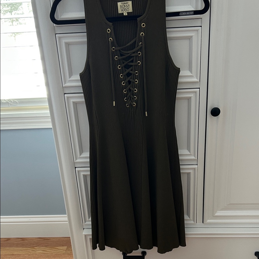 Ronny Kobo Collection Lace-Up Khaki Mini Dress